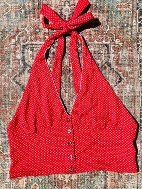 Free People Red Micro-Dot Halter Tie-Back Crop Top